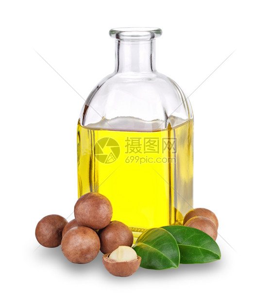 白色的榛贝壳瓶子和坚果中的麦卡达米油在白色背景上隔绝瓶子和坚果中的麦卡达米油图片