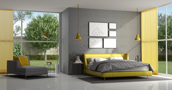 内部的花瓶公寓现代别墅的灰色和黄主卧室3D制成灰色和黄主卧室背景图片