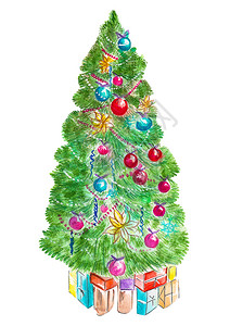 假期礼物手漆水彩画圣诞和新年树带有孤立背景的玩具装饰品图片