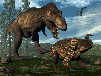 甲癣天暴龙雷克斯攻击白和松树中的恐龙3D化石鸟逃跑设计图片