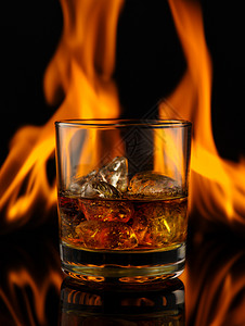 白兰地威士忌杯子有冰在火背景上威士忌酒奢华图片