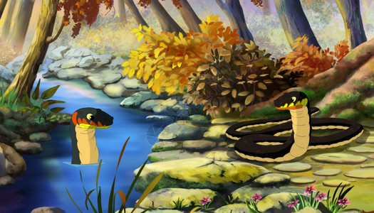 水律蛇颜色正面人们水上和河岸的两条骰子蛇NatrixTessellata数字绘画卡通风格全彩插图背景