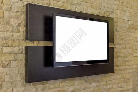 屏幕视频多媒体在新砖墙背景xAModern客厅室内显示电视在砖墙上显示电视图片