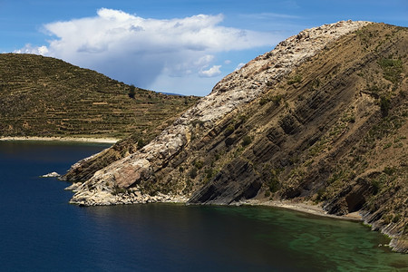 水边支撑太阳索尔岛北部萨巴塞拉湾玻利维亚提喀卡湖的通客旅游目地之一Titicaca湖平静的图片