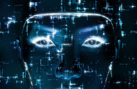 半机械人数字化3D翻译一个女机器人面对3D展示一个女机器人在蓝技术背景上的脸活力图片
