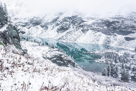 蓝色的冰川绿松山湖冬季和谷积雪水图片