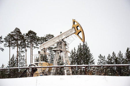 冬天矿业技术位于美丽的冬季森林环境污染的油气概念下田上泵插车横向视图a环境污染石油和天然气概念图片