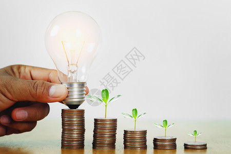 生长目的商业持有手灯泡在货币概念金融会计和节能方面采取植物增长的步骤图片