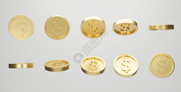 在白色背景3D涂层上以不同形状显示美元符号的一套金硬币银行钱圆形的图片