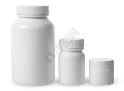 空白的药剂底隔离物不同尺寸的塑料罐头在白色背景上隔绝的剪裁图片