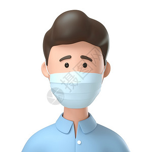 身戴医疗面罩保护免受冠状感染的3D男子近距离肖像用白色背景与世隔绝的男喜剧格插图危险恐慌医疗的图片