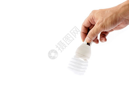 白炽灯行业保护人类手持荧光灯泡在白色背景上隔离图片
