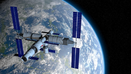 天宫三号空间站在黑色上绕地球运行恒星背景3D插图飞船全球的卫星背景图片