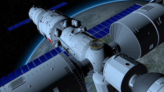天宫三号空间站在黑色上绕地球运行恒星背景3D插图黑色的工程卫星图片