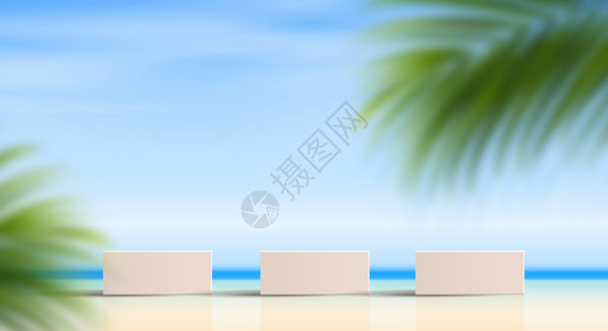 白浪滩用于产品展示牌和包装工作室舞台的化装海和滩背景最低值和高级讲台展示3D插图设计有叶背景影版3D插图广告现代的场景设计图片