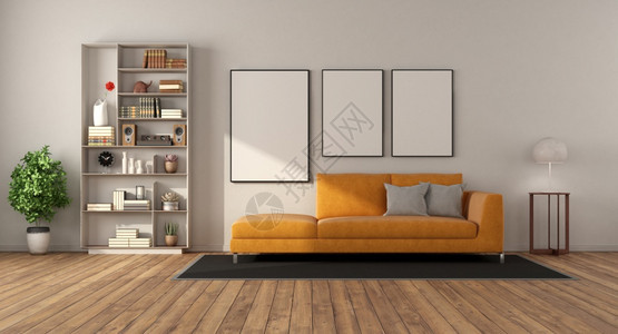 植物公寓花现代客厅有橙色沙发书架和白色墙上的空图片框3D用沙发和书架建成现代客厅图片