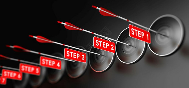 顺序的3DD显示射向现代目标的红志箭头而不是黑色背景培训步骤概念横向图像以实现千年发展目标的步骤B实现千年发展目标的步骤插图引导图片