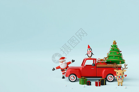 最小的装饰信圣诞快乐和新年圣诞节庆祝背景与圣诞卡车和老人3D翻譯圣诞快乐和新年图片