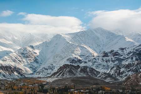 蓝天白云下的雪山风光图片