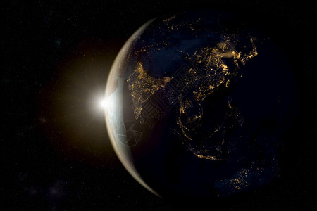 全球的突出显示3D从太空在地球上日出实际的图片
