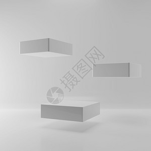 盒子白色背景上的悬浮动方形舞台抽象产品广告展示空房间中的三个基座内部讲台样机模板3D插图渲染陈列室为了图片