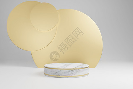 极简主义奢华使成为以大理石圆柱形讲台产品展示平以及灰色背景3D涂层的金标物装饰模拟工作室图片
