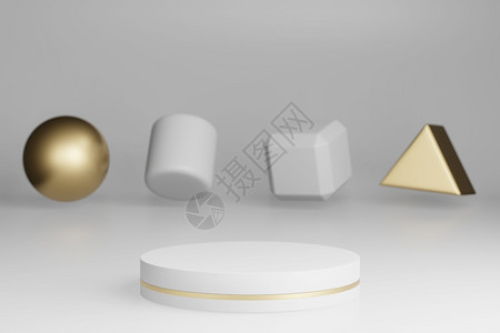 白色的圆圈以大理石柱形讲台产品展示平以及灰色背景3D涂层的金标物装饰模拟工作室灰色的图片