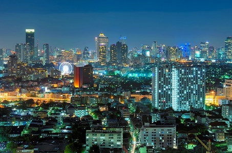 夜晚公路旅游海滨大都会曼谷黄昏夜景区商业曼谷夜景的市风夜背景