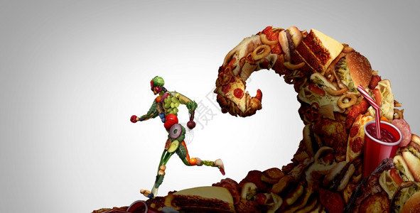逃离垃圾食品和脂肪成为由健康水果和蔬菜制成的跑者摆脱由油腻胆固醇丰富零食作为营养概念的一种不健康浪潮其中含有3D插图要素1皮跑步背景图片