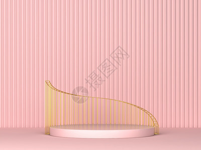 座抽象的简易讲台阶段黄金建筑作为产品设计示范的金色建图最小场景3d插图展览图片