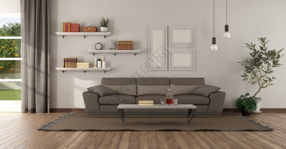 咖啡木头室内的现代客厅配有棕色沙发和架子墙上挂着书3d渲染现代客厅棕色沙发和架子挂在墙上图片