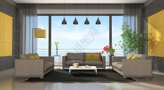 家灰色和黄现代客厅三张沙发和大窗户3D制成灰色和黄现代客厅建筑学灰色的图片