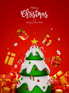 横幅形象的圣诞树明信片上贴满了礼物盒3D插图松树图片