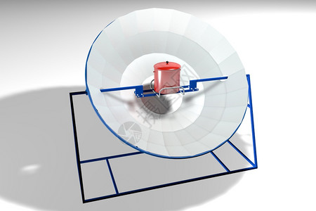 自然蓝色结构的抛物线太阳能灶模型白色背景上的红锅3D插图抛物线太阳能灶蓝色结构白背景上的红锅插图环境的热水瓶图片