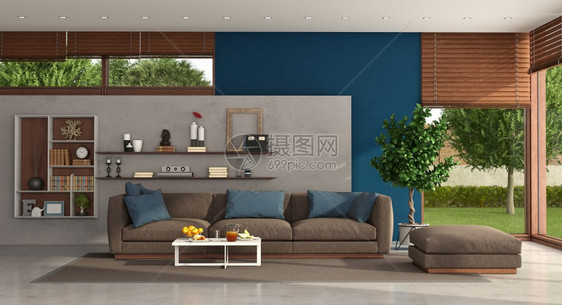 墙极简主义者棕色的一间现代别墅客厅里面有棕色沙发和背景书架3D为一间带有沙发小脚凳的现代别墅提供客厅图片