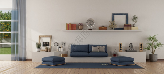 极简主义者现代白色和蓝客厅沙发上有白色泥瓦结构有沙发3D制成现代白色和蓝客厅植物窗户图片