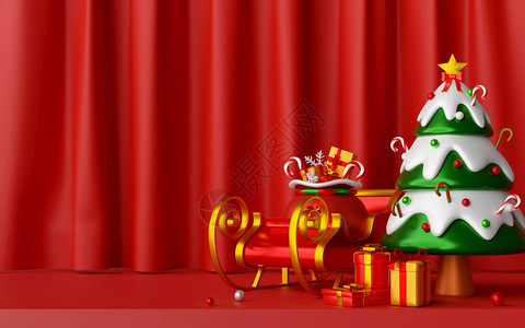 红色的假期庆典圣诞明信片树和雪橇红色幕背景3D插图图片