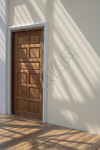 锁泰国木制门侧视角墙上涂有板状的水泥墙在房屋建筑工地内垂直架立的木制地板壁砖表面上有阳光和屋顶结构的影子框架图片
