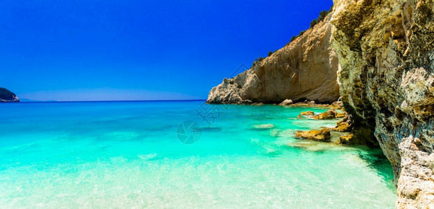 假期希腊莱夫卡达爱奥尼亚岛波托卡齐基海滩的美丽洋和滩旅游美丽的图片