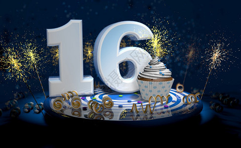 火焰16岁生日或周年纪念时带有闪亮蜡烛的杯饼大数量用白纸条蓝色桌上有黄流体黑背景满火花的彩色桌脸3个插图三十六岁生日或周年蛋糕大图片