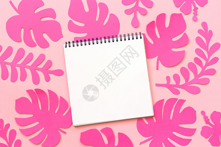 异国情调空白的粉红色热带树叶和开张笔记本关于粉红背景的纸质和开页笔记本平板自上而下的组成创造纸型艺术Trindy粉红色热带树叶纸图片