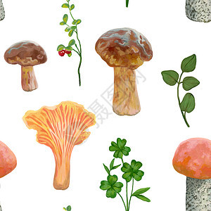 打印一种各蘑菇和以白色背景有植物壁纸为颜的森林植物实事求是的丙烯香画像风格古代丙烯酸纤维图片