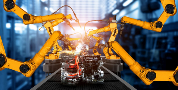 未来派机器人在职的用于工厂生产线装配的机械化工业臂用于工业革命和自动化制造过程的人工智能概念用于工厂生产线装配的机械化工业臂图片
