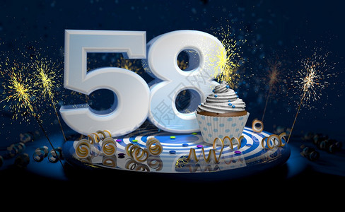 庆典五十八岁生日或周年纪念带有闪亮蜡烛的杯饼58岁生日或纪念有大数量白纸条蓝桌上有黄流体黑色桌面上满是火花3D插图58岁生日或周图片