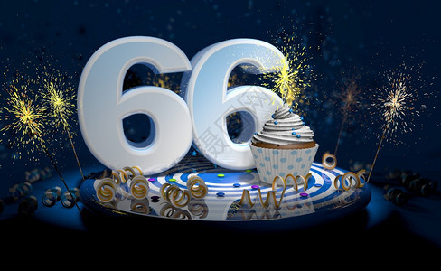 六十岁生日或周年纪念带有闪亮蜡烛的杯饼大数量用白纸条蓝色桌上有黄流体黑背景满火花的彩色桌脸3D插图60岁生日或周年蛋糕大白色号码图片