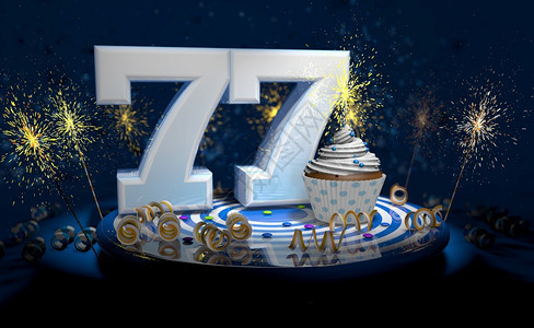 白色的新七十岁生日或周年纪念带有闪亮蜡烛的杯饼大数量用白纸条蓝色桌子上有黄流体黑色背景满火花的黑色背景3D插图7岁生日或周年蛋糕图片