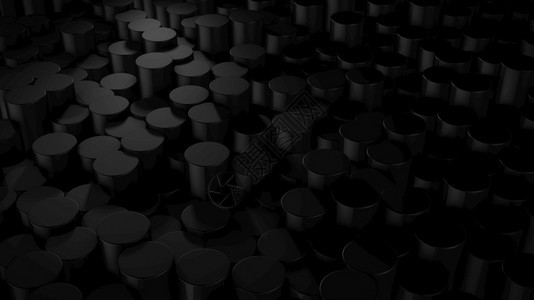 未来派明亮的3D虚拟空间中抽象圆柱形几何黑色表面的三维翻接随机定位几何形状由圆柱体制成的明亮和美丽背景几何图片