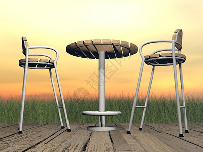 两把椅子和一张桌放在花园前的木制地板上日落时光照在阳台上放轻松3D橙餐厅乡村图片