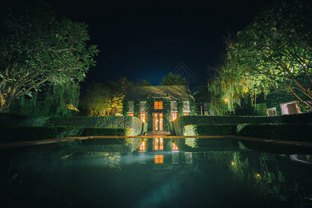 砖传统的植物学英国乡村风格建筑的美丽装饰夜间配有绿色爬行器厂布满绿色越野植物图片