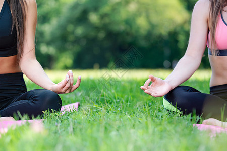 绿色松弛幽思在莲花中做瑜伽冥想的两位女在阳光明媚的一天在公园露出户外图片